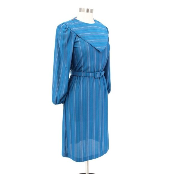 Vintage 90s SL Petites Blue Striped Chiffon Flap Collar Belted Dress Size 10 - Picture 2 of 6